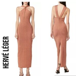 Hervé Léger twisted halter metallic dress